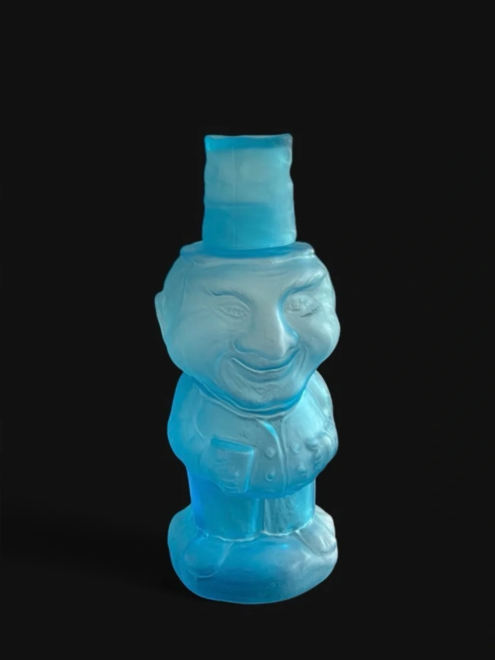 Vintage 70’s Jolly Mountaineer blue satin frosted glass decanter Indiana Glass